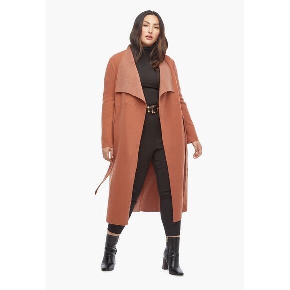 JUSTFAB Camel Brown Knit Side Pockets Tie Waist Drape Coat Size Small - Picture 4 of 16